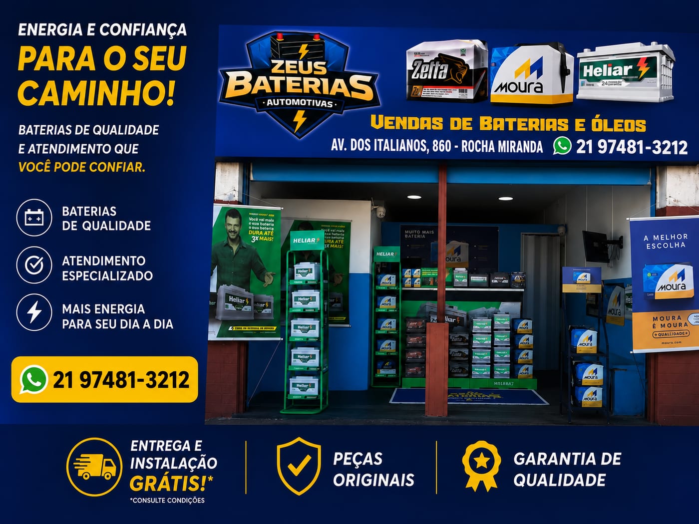 Fachada da loja Zeus Baterias Automotivas em Rocha Miranda